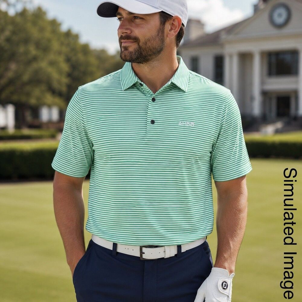 FootJoy FJ Golf Polo Shirt Mens Large Green Stripe AMD Logo Stretch